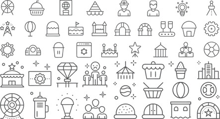 Fun Fair and Amusement Park Icon Collection with Various Attractions and Symbols