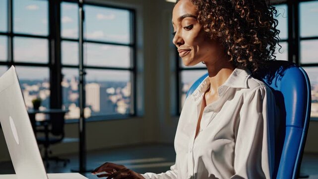 Confident woman sits at modern office desk with city view representing leadership ambition independence career drive and success powerful mindset