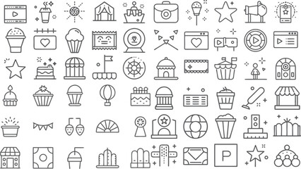 Collection of Line Art Icons for Events, Food, Travel, and Celebrations