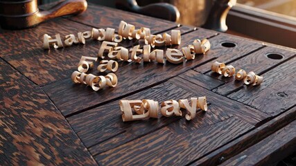 Wooden letters spell out Happy Father Day on vintage table highlighting gratitude love tradition warmth appreciation family connection memory