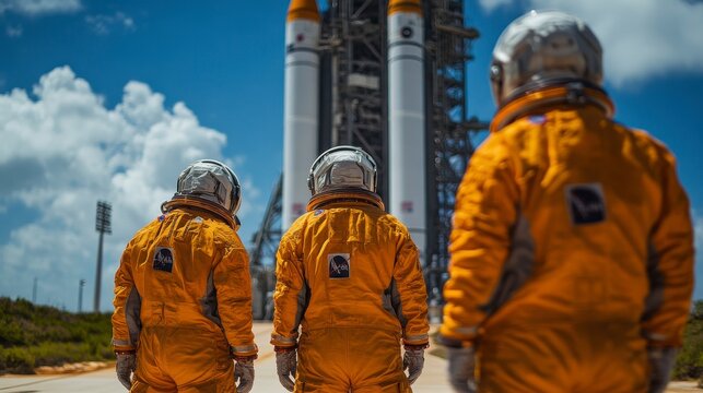 Astronauts in Orange Suits Prepare for Launch in Front of Rocket