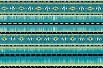 Abstract decorative tribal textiles on aztec inspired, ethnic horizontal geometric elements pattern in hues turquoise wallpaper background. 