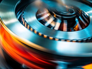 High-speed close-up of a rotating flywheel in industrial environment for mechanical engineering insights