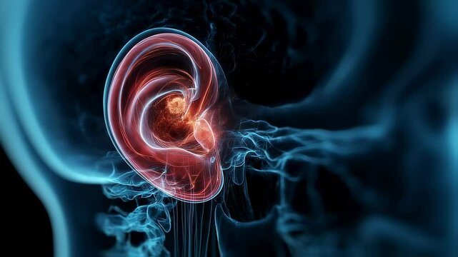 Medical animation showcasing tinnitus symptoms, highlighting the ear canal and auditory cortex with pulsating red areas, symbolizing the perceived ringing or buzzing sound