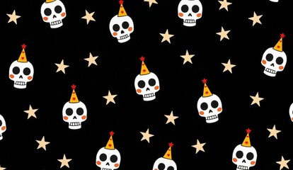 Naklejka premium Festive Skulls with Party Hats on a Black Background with Stars