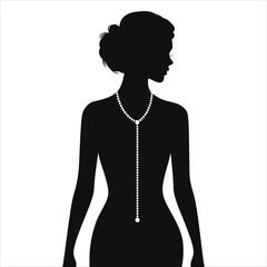 (Lariat Necklace)Vector Silhouette of a Woman Wearing a Pearl Necklace/A stylish silhouette of a woman wearing a pearl necklace, perfect for showcasing jewelry or fashion design.