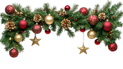 Festive Christmas garland with red gold ornaments pine cones and stars
