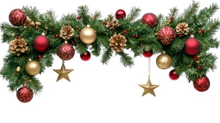 Festive Christmas garland with red gold ornaments pine cones and stars