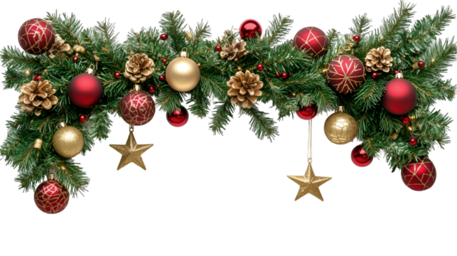 Festive Christmas garland with red gold ornaments pine cones and stars