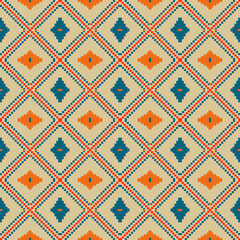 Abstract textures, graphic design on decorative pixel-style digital art design with vibrant cream,orange, and blue diamond shapes and a tribal aesthetic wallpaper background.
