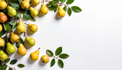 Fresh Yellow and Green Pears with Leaves on White Background

