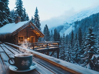 Cozy winter retreat rustic mountain cabin with snowy pines serene landscape warm atmosphere elevated view