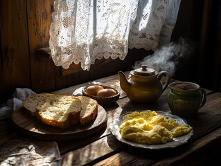 Rustic farmhouse breakfast spread featuring eggs and bread countryside kitchen food photography cozy atmosphere