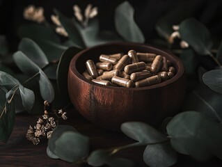 Natural herbal capsules in rustic wooden bowl cozy home environment still life photography