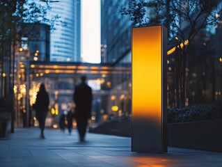 Illuminated led advertising panel showcasing urban lifestyle city center digital display evening ambiance perspective
