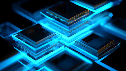 Advanced microchips futuristic technology blue glow network data center