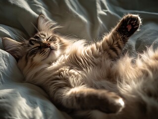 A sleepy cat stretching in bed cozy home animal photography soft lighting relaxing atmosphere