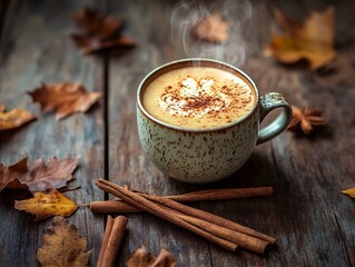Fall beverage delight pumpkin spice latte on rustic wood cozy atmosphere warm autumn vibes