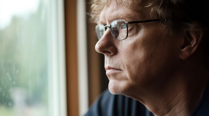 Pensive man gazing out a window, lost in deep thought, with natural light highlighting his features