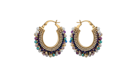 Colorful beaded hoop earrings with intricate design and golden accents - Concept of isolate, no background  