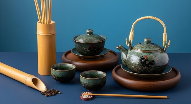 Traditional asian tea ceremony arrangement: ceramic teapot, cups and bamboo chaban  blue background 