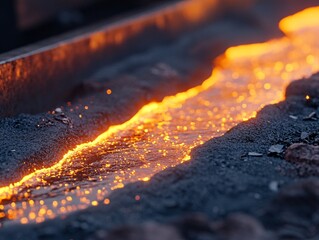Molten iron flowing from furnace industrial site superrealistic shot nighttime close-up metalworking concept