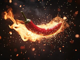 Explosive red chili pepper eruption culinary world digital art creative environment dramatic perspective surreal concept