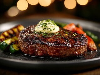 Delicious juicy steak with herb butter fine dining restaurant food photography cozy ambiance close-up culinary art