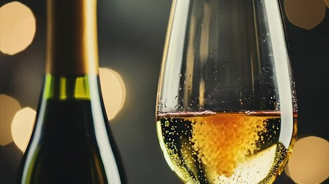 Sparkling wine in a glass beside a bottle