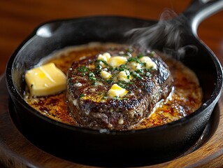 Searing wagyu steak in cast iron pan gourmet kitchen food photography culinary excellence close-up view