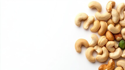 Fototapeta premium Cashews scattered on a white background