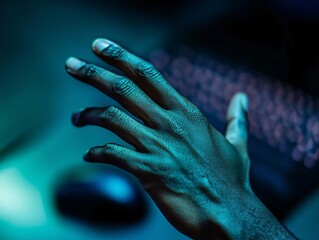Closeup of worker’s hand gripping wrist office workspace photography indoor perspective focus on detail