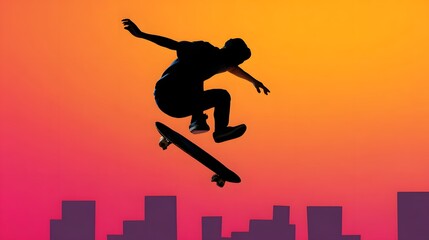 Silhouetted skateboarder performing trick against vibrant urban sunset