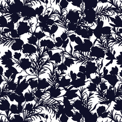 Flowers have organic shape with seamless background. Simple abstract floral pattern. Modern printing in black and white. Ideal for textile design, wallpaper, cards, posters and decoration.
