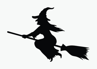 Flying witch silhouette, broomstick vector icon, vector witch flying on a broomstick on white background