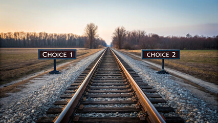 Railway tracks with choice 1 and choice 2 signs depicting decision and options
