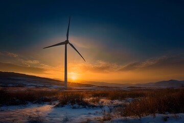 Obraz premium Solitary wind turbine at sunset in a snowy landscape