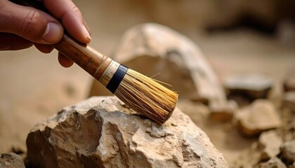 Close-up of a hand holding a brush, gently cleaning a rock in a natural setting