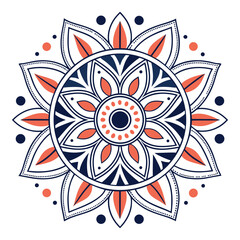 Floral mandala with orange and blue accents, symmetrical boho design