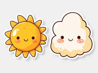Fototapeta premium Cute cartoon sun and cloud clip art, on a white background, in a vector illustration style with simple lines and flat design. 