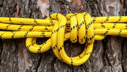 Close-up of a yellow climbing rope tied in a knot against a textured tree bark background