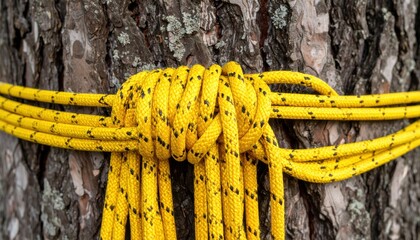 A close-up of a tightly tied yellow rope knot around a textured tree trunk in a natural setting
