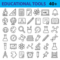 Educational Tools Line Icons Set,  Editable Vector Symbols for Learning, Teaching, Online Classes, and Academic Resources