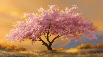 Fototapeta premium Blooming spring tree against a golden sunset landscape
