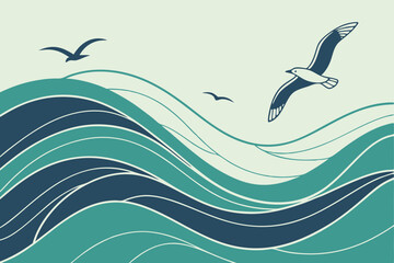 Seagulls flying over abstract ocean waves
