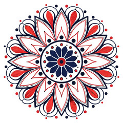 Red and blue mandala ornament, decorative geometric floral pattern for boho and meditation themes