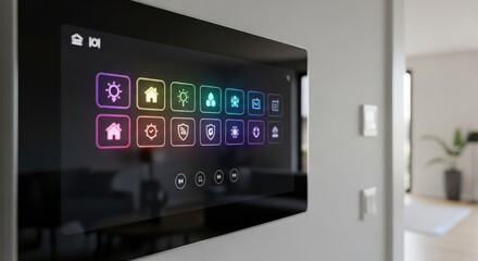 Close up of a smart home control panel displaying various colorful icons on a sleek black screen