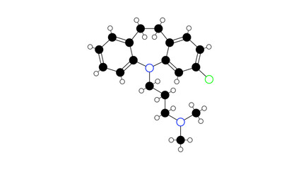 clomipramine molecule, structural chemical formula, ball-and-stick model, isolated image antidepressant