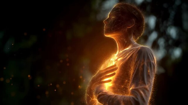Woman surrounded by luminous particles and glowing energy, holding chest in tranquil natural environment, representing inner healing and holistic wellness journey