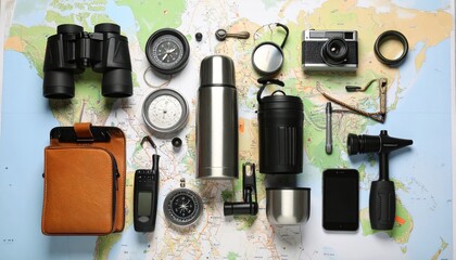 Aerial view of travel gear arranged on a map, showcasing exploration tools and accessories